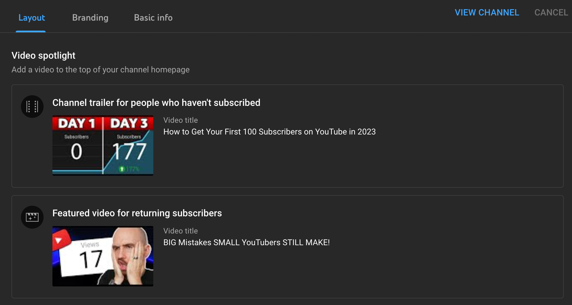 youtube channel layout screen