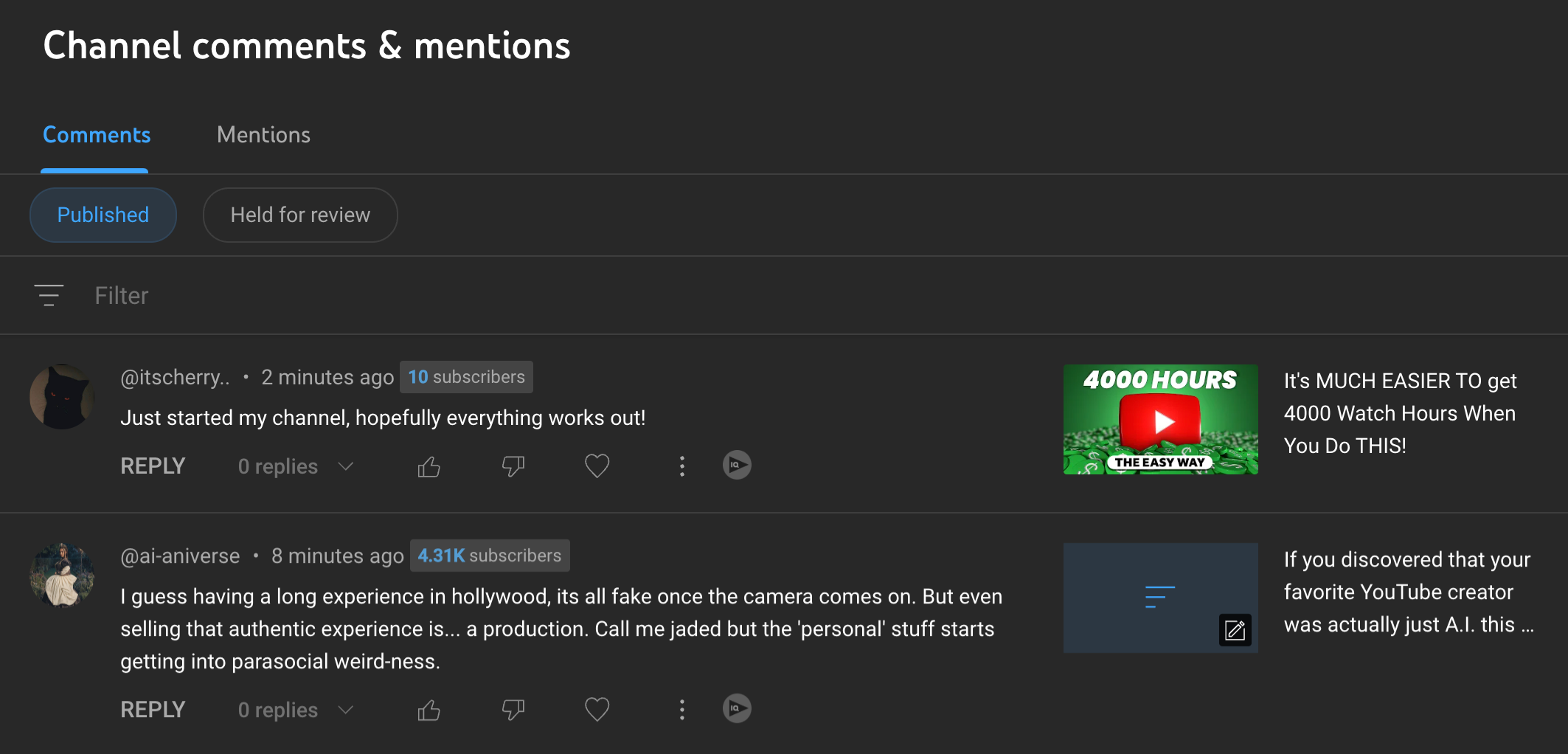 comments in the youtube studio
