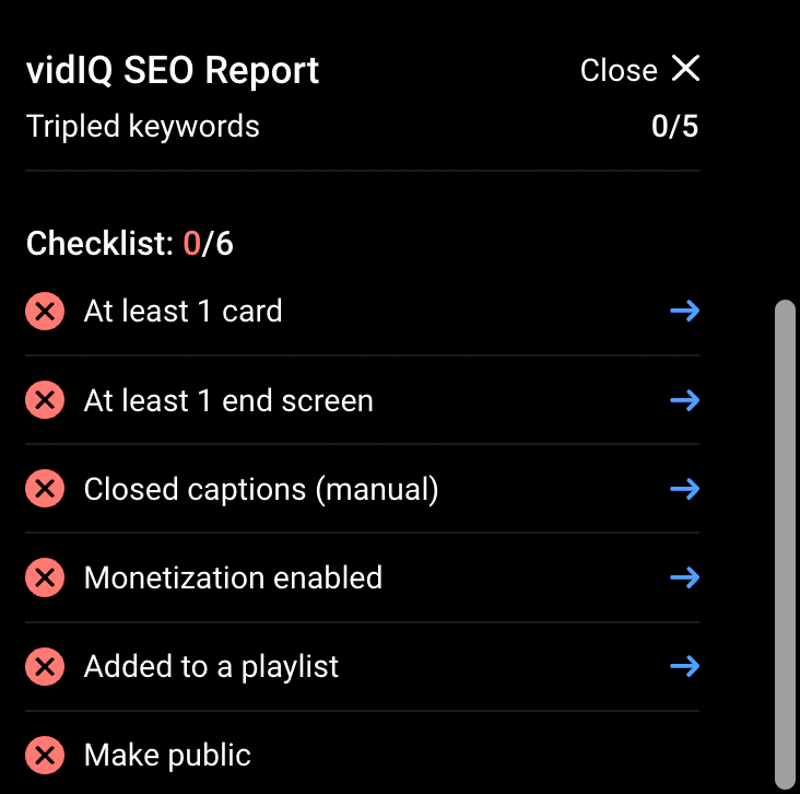 vidIQ SEO report and checklist