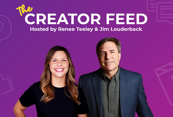 The Creator Feed podcast hosts Renee Teeley and Jim Louderback on purple background