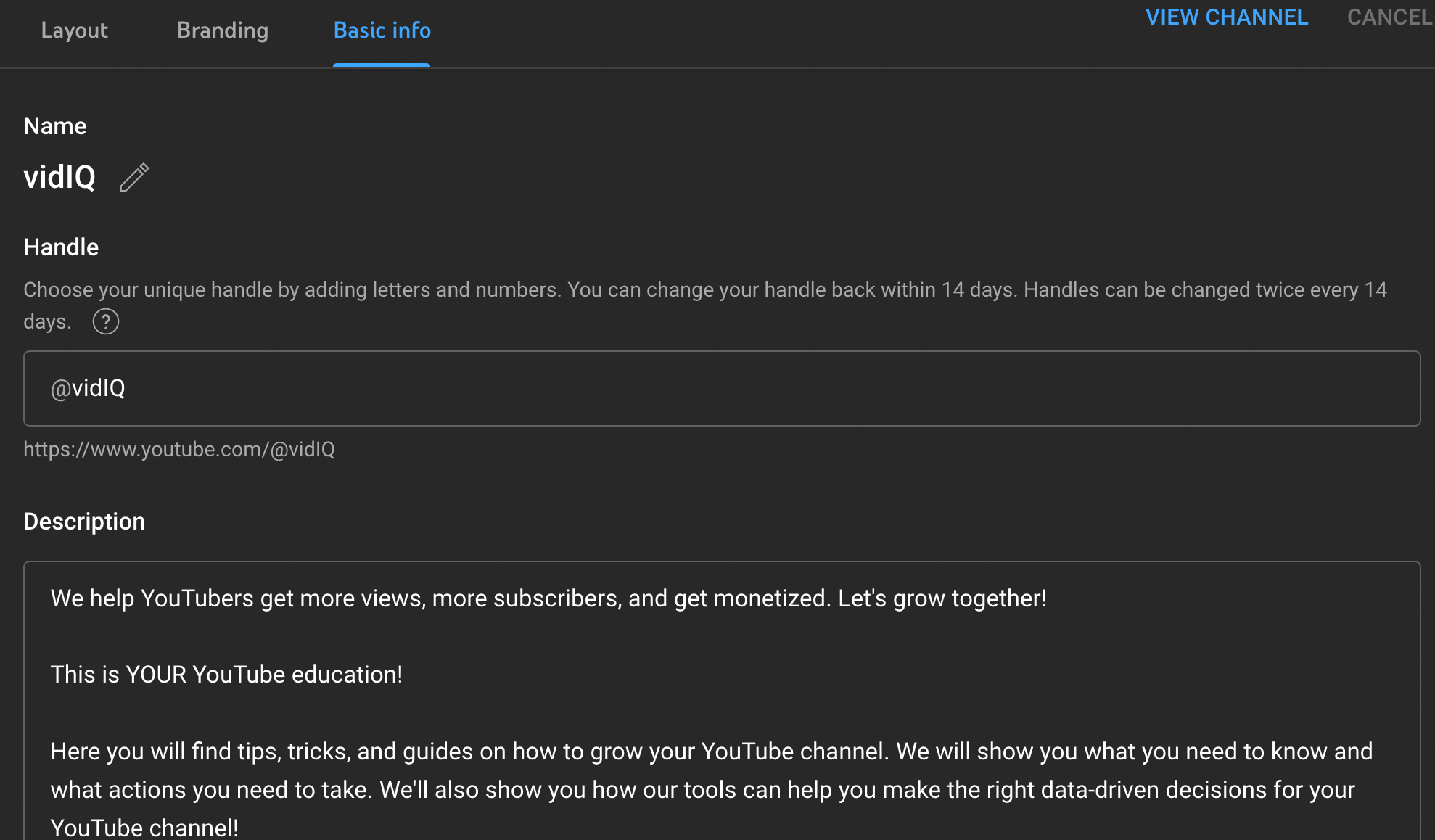 basic info options in youtube studio