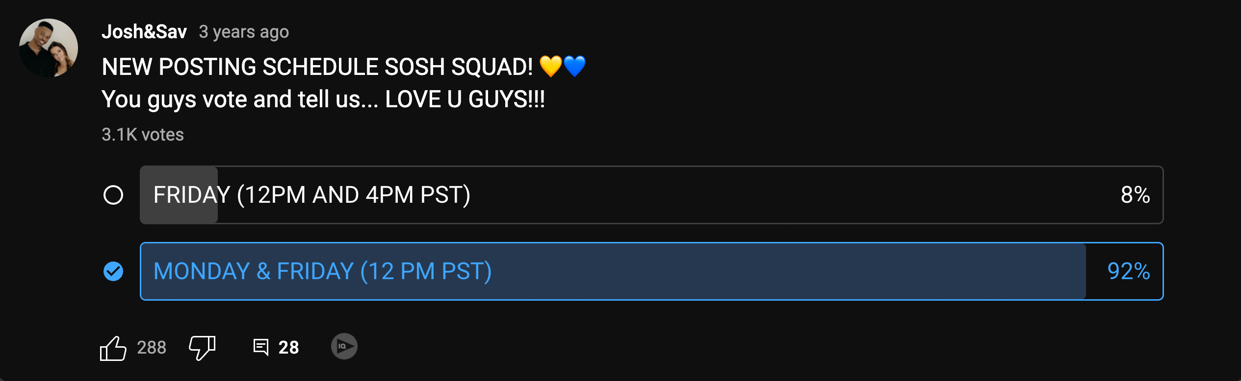 A poll asking viewers which week days they would watch videos