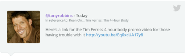 Screenshot of a tweet sharing a Tim Ferriss 4-hour body promo video link.