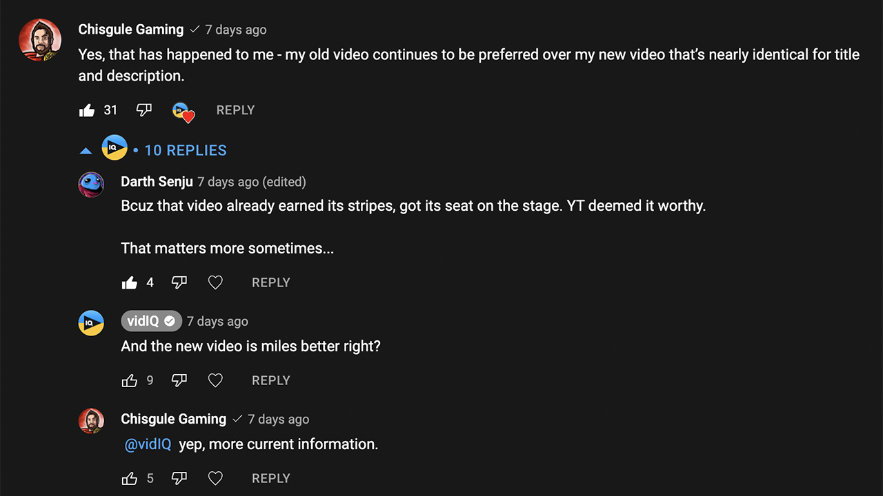 YouTube comment discussion on old vs new video performance and content relevance.