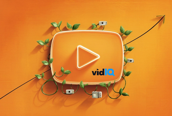 Orange play button with vidIQ logo, green vines, and upward trending arrow on orange background