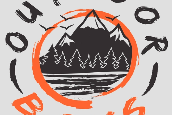 Outdoor Boys logo with mountains, trees, lake, and birds in a circular orange frame