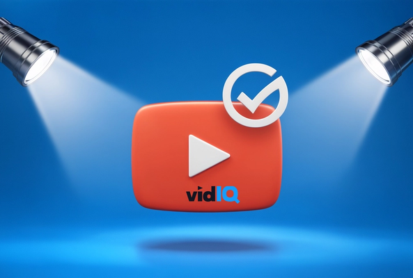 YouTube play button with vidIQ logo and verified checkmark under spotlights on blue background