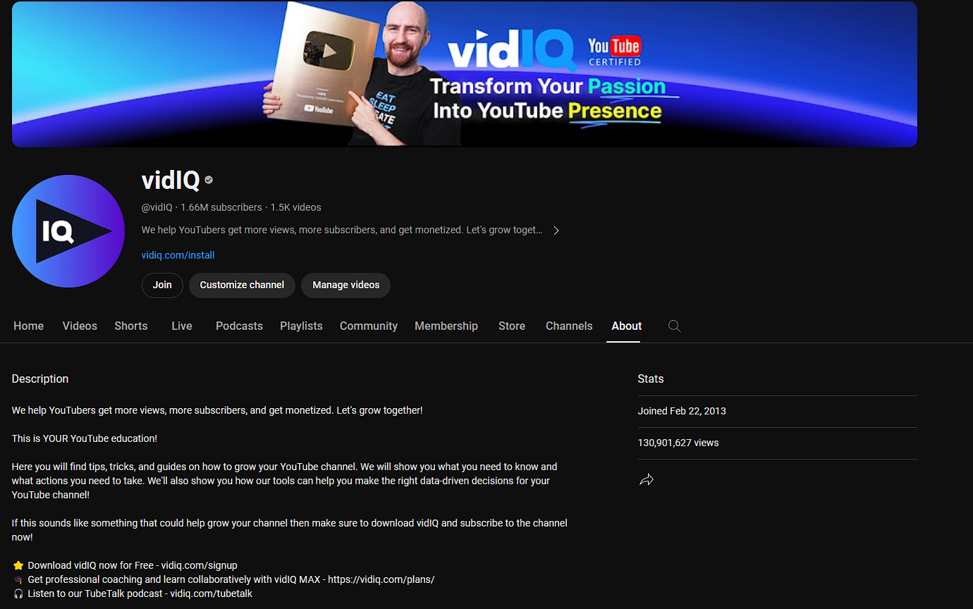 Example of a well-crafted YouTube About section from vidIQ
