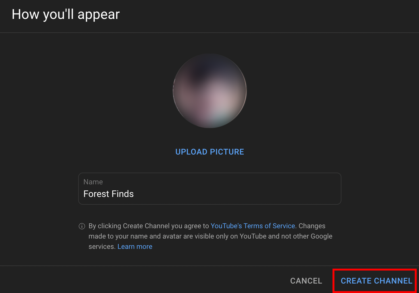 Finalizing your YouTube channel creation with the Create Channel button
