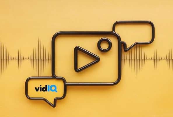 Black wireframe video play icon and speech bubbles with vidIQ logo on yellow background