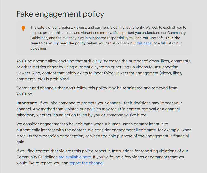 Google support doc on fake engagement policy on YouTube