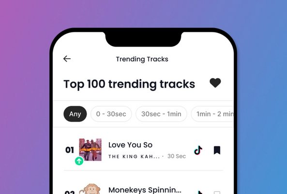Mobile screen showing top 100 trending music tracks with filters by duration and favorites icon