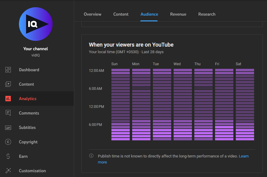 YouTube Analytics navigation menu showing Audience tab