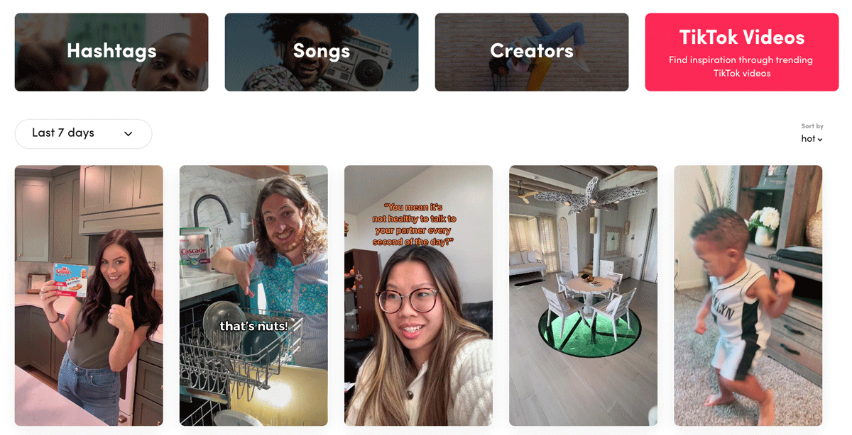 TikTok trending videos section with thumbnails of people, home, and child dancing.