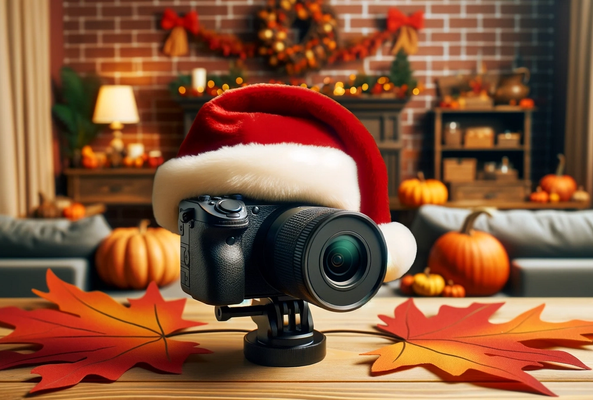 DSLR camera with Santa hat on wooden table surrounded by autumn leaves and pumpkins