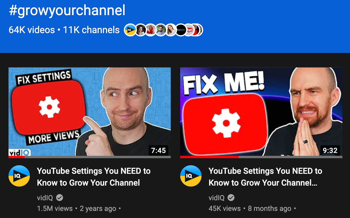 Two YouTube video thumbnails about fixing settings to grow your channel with men pointing to icons.