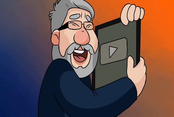 Cartoon man with glasses happily holding a YouTube Play Button award on gradient background