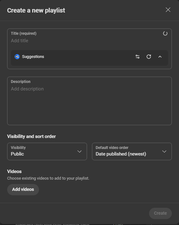 YouTube playlist creation interface with title and visibility settings
