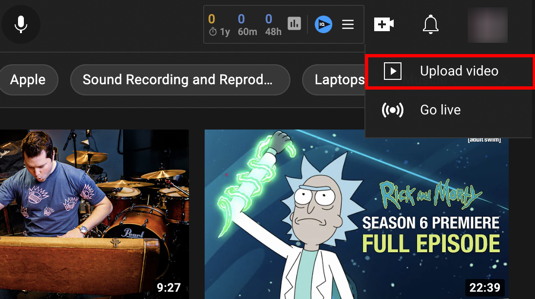 Selecting Upload Video option to post your first YouTube content