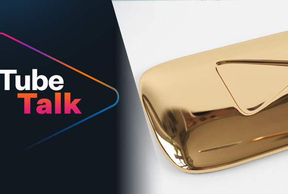 Tube Talk logo with a shiny gold YouTube play button award on white background