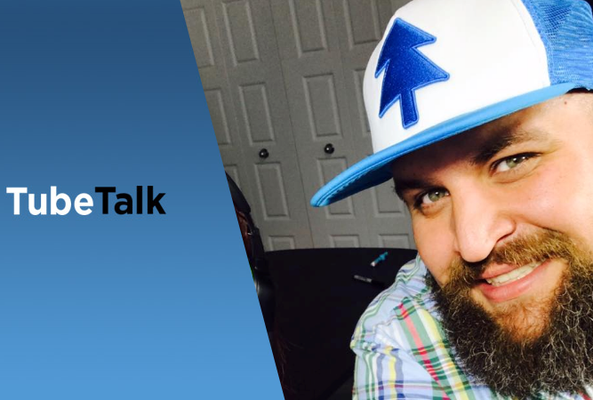 Smiling man with beard wearing blue and white hat next to TubeTalk logo on blue background
