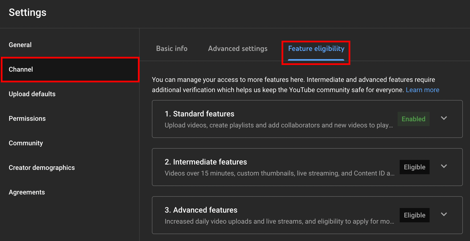 Accessing Feature Eligibility in YouTube Studio Channel settings