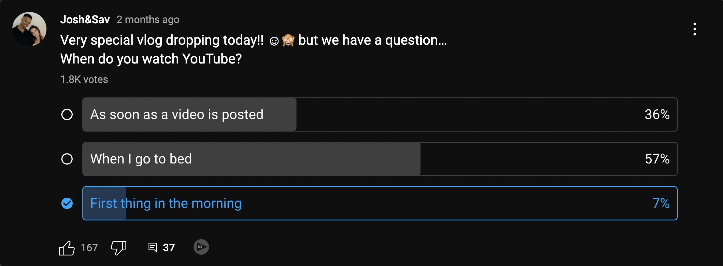 A YouTube poll asking viewers what time of day they watch videos