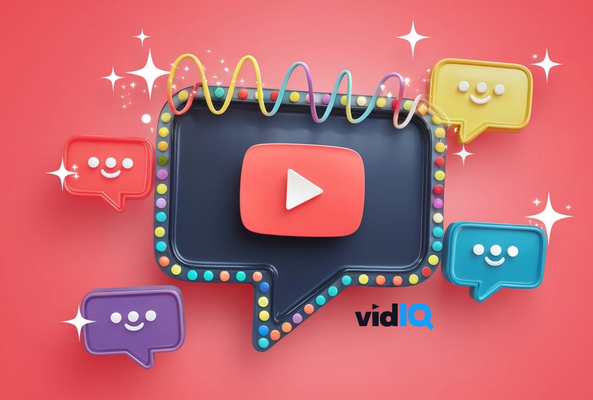 Colorful chat bubbles with YouTube play button and vidIQ logo on pink background