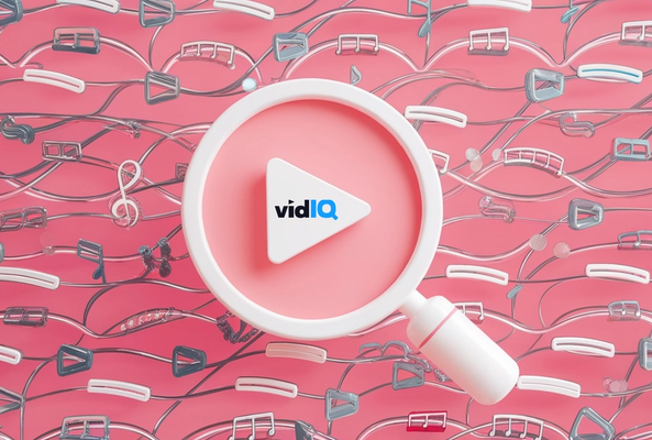 Magnifying glass highlighting a play button with vidIQ logo over musical notes on pink background