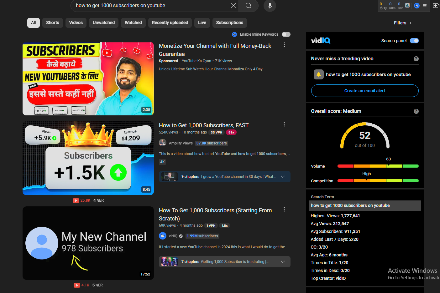 YouTube SERP for "how to get 1000 subscribers"